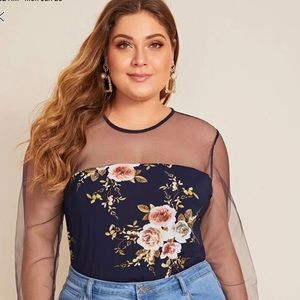 BEAUTIFUL NAVY 4X SHEER AND FLORAL BLOUSE NWOT